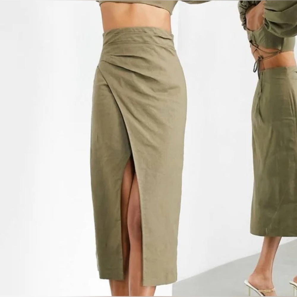 ASOS Edition Midaxi Wrap Maxi Skirt in Rose Pink Peach Crinkle Slit Zip Party